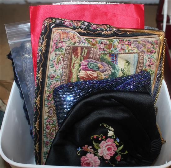 Petit point evening bag, 2 others, brocade stole, etc